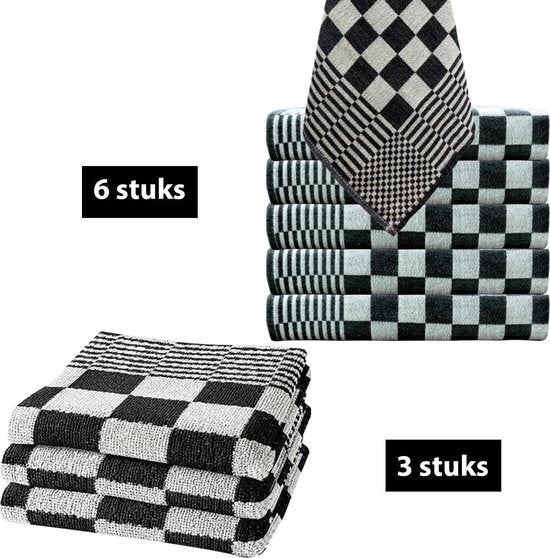 Homéé® Keukendoeken 9-delige sets zwart/wit - 6 x theedoeken 65x65cm + 3 x keukenhanddoeken 50x50cm