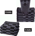 Homéé® Keukendoeken 9-delige sets antraciet/ zwart - 6 x theedoeken 65x65cm + 3 keukenhanddoeken 50x50cm
