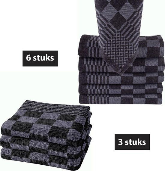 Homéé® Keukendoeken 9-delige sets antraciet/ zwart - 6 x theedoeken 65x65cm + 3 keukenhanddoeken 50x50cm